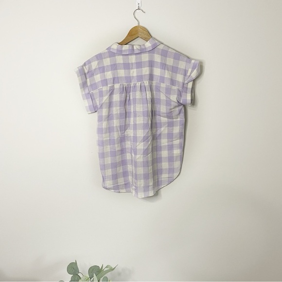 [LOFT] Purple and White Check Print Popover Linen Blend Short Sleeve Top - Picture 6 of 7